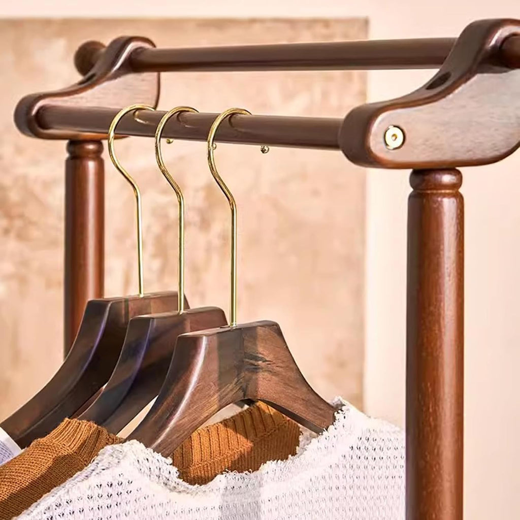 Heavy duty Garment rack Double Rail Clothing Rack For Hanging Clothes, Freestanding Solid Wood Coat Rack With Shelves And 2 Hooks, Space Saving Clothes Organizer For Bedroom And Living Room (Walnut C