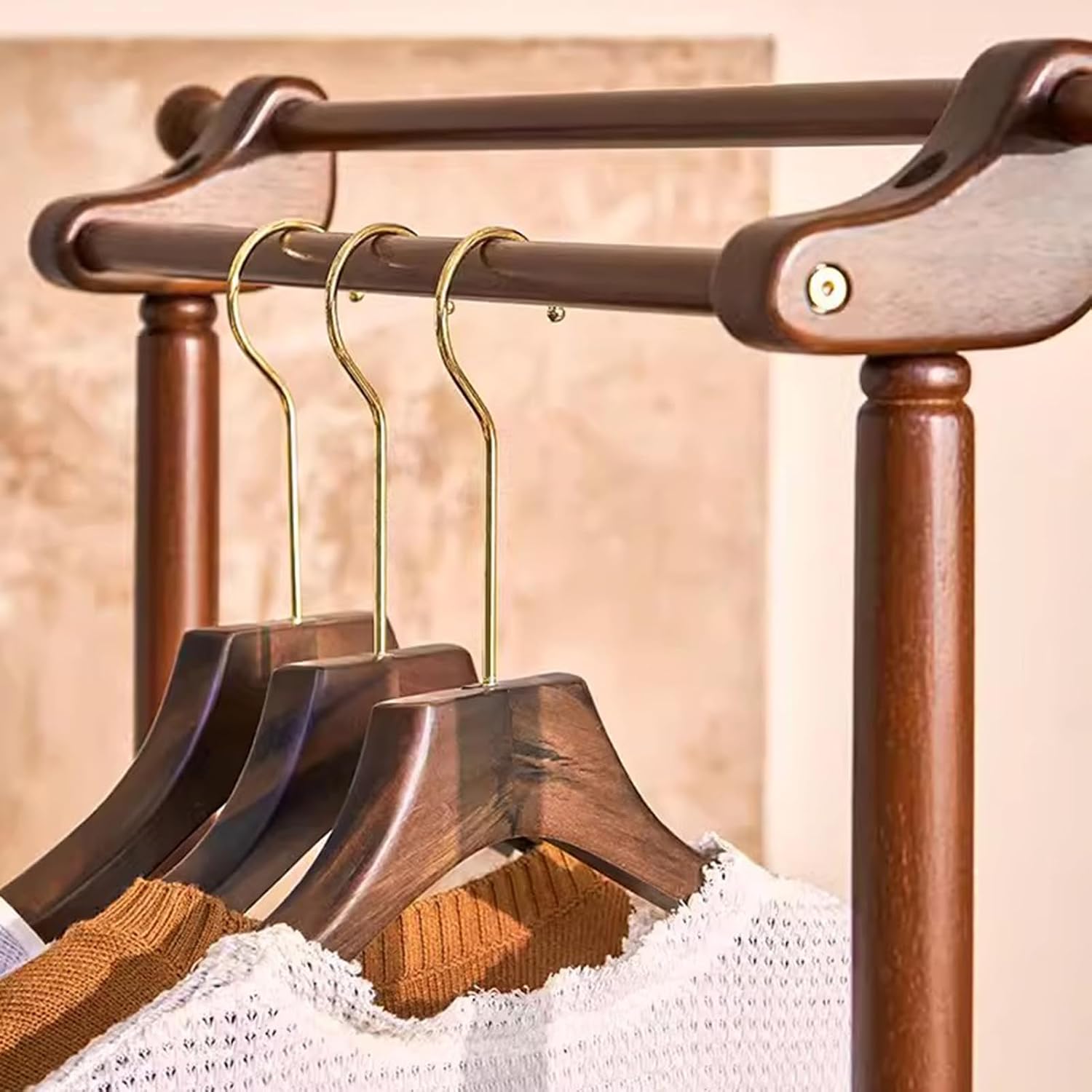 Heavy duty Garment rack Double Rail Clothing Rack For Hanging Clothes, Freestanding Solid Wood Coat Rack With Shelves And 2 Hooks, Space Saving Clothes Organizer For Bedroom And Living Room (Walnut C