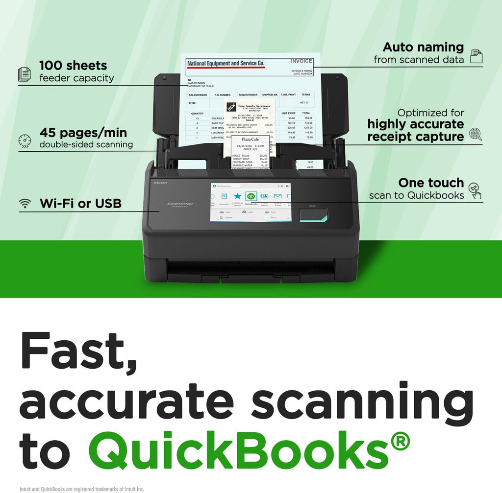ScanSnap iX2500 Receipt Edition, Works with QuickBooks, Wireless or USB High-Speed Cloud Enabled Invoices & Receipts Scanner, 100 Page Auto Document Feeder for Mac or PC, Black