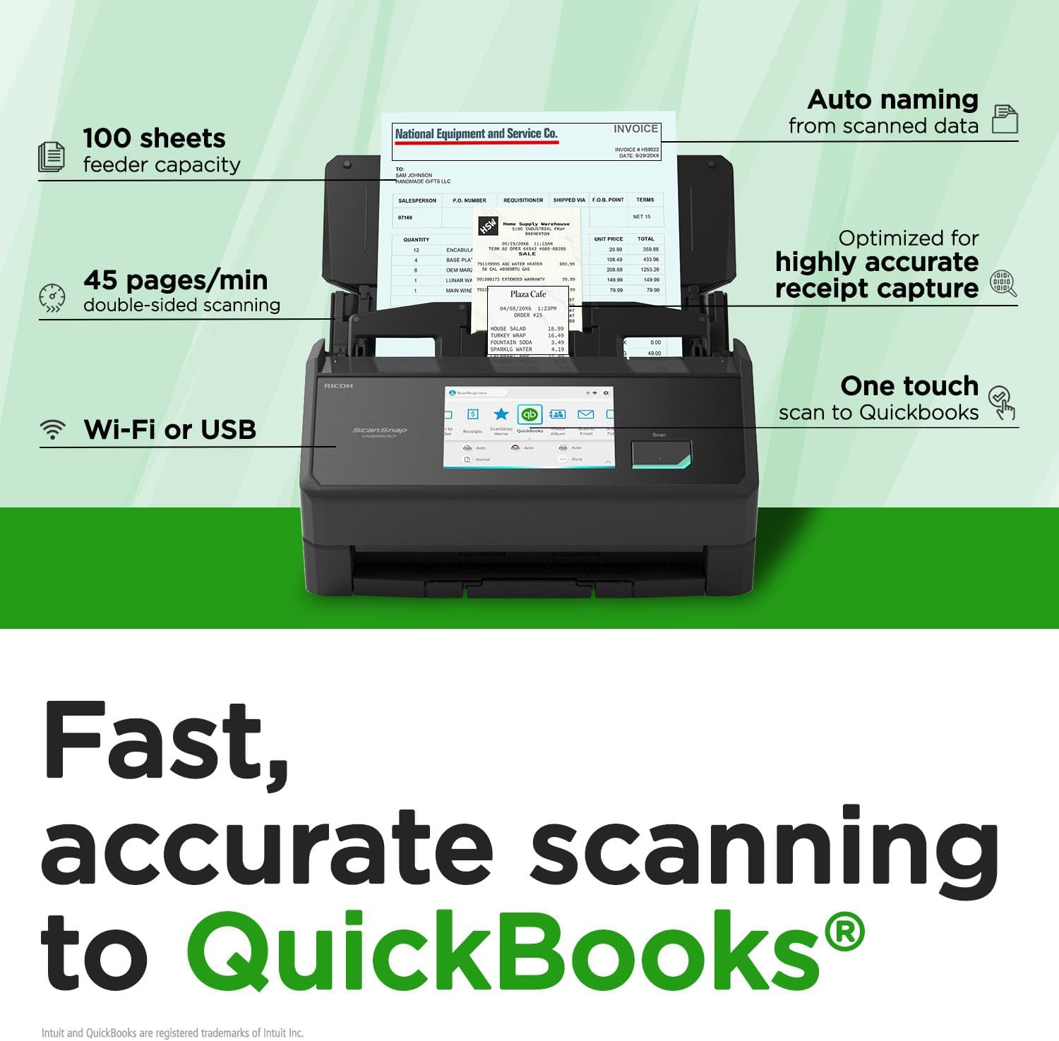 ScanSnap iX2500 Receipt Edition, Works with QuickBooks, Wireless or USB High-Speed Cloud Enabled Invoices & Receipts Scanner, 100 Page Auto Document Feeder for Mac or PC, Black