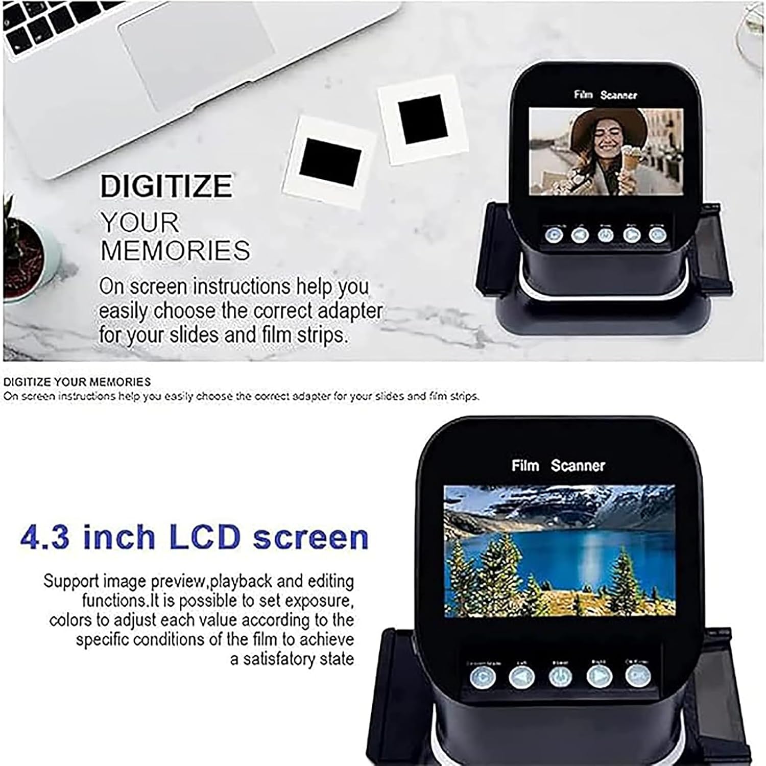 Digital Film and Slide Scanner, Film Digitizer Converter, Supports 5 Film Formats, 120 High Resolution, Digital Converter 1080p to 35mm, 135,126,127 Negative and Slides