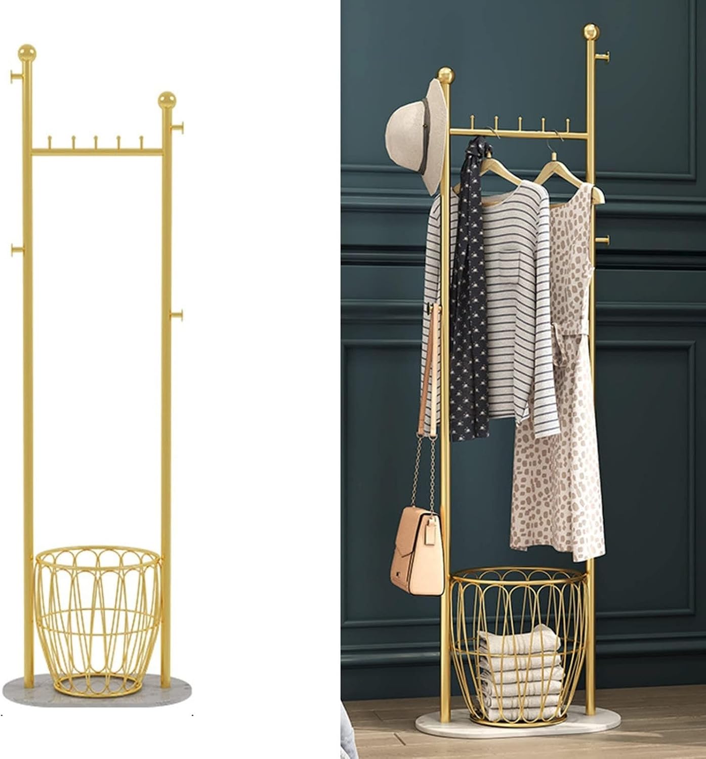 Gold Garment Rack with Storage Basket and Marble Base Free Standing Coat Hanger Rack Corridor Tree for Coats Hats Scarves and Handbags in Entryway,Hallway,Bedroom,Office (One Color-50*30*170cm