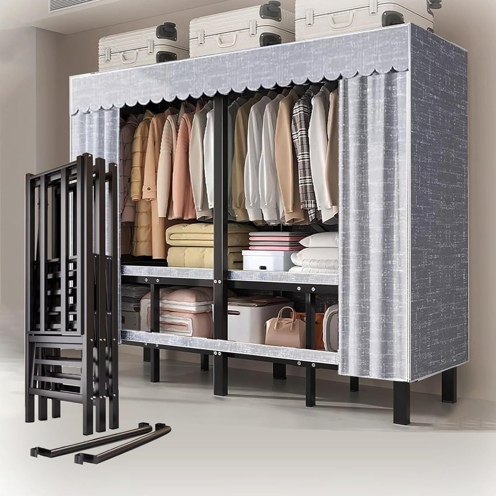 Wardrobe Closet - Collapsible Heavy Duty Portable Closet Wardrobe Clothes Rack With Cover, 1200Ibs Freestanding Metal Clothing Rack, With 2 Hang Rods, 4 Shelves Adjustable Closet Rack(150*52*180cm)