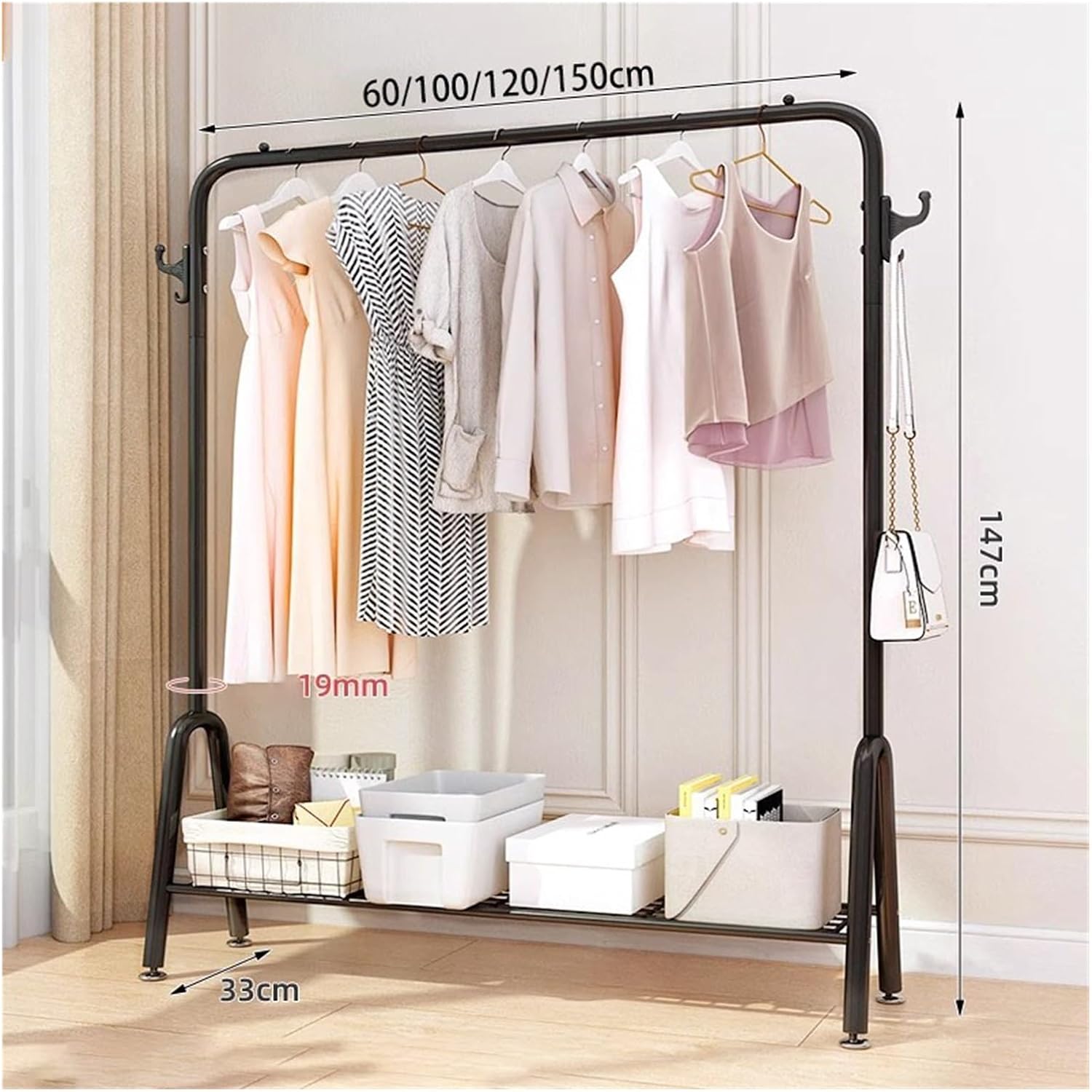 Metal Clothing Rack, Heavy Duty Clothes Organizer Storage with Shelves Clothing Hanger Rack Garment Rack Wardrobe Rack for Coats, Shirts, Dress(Black,60x33x147cm)