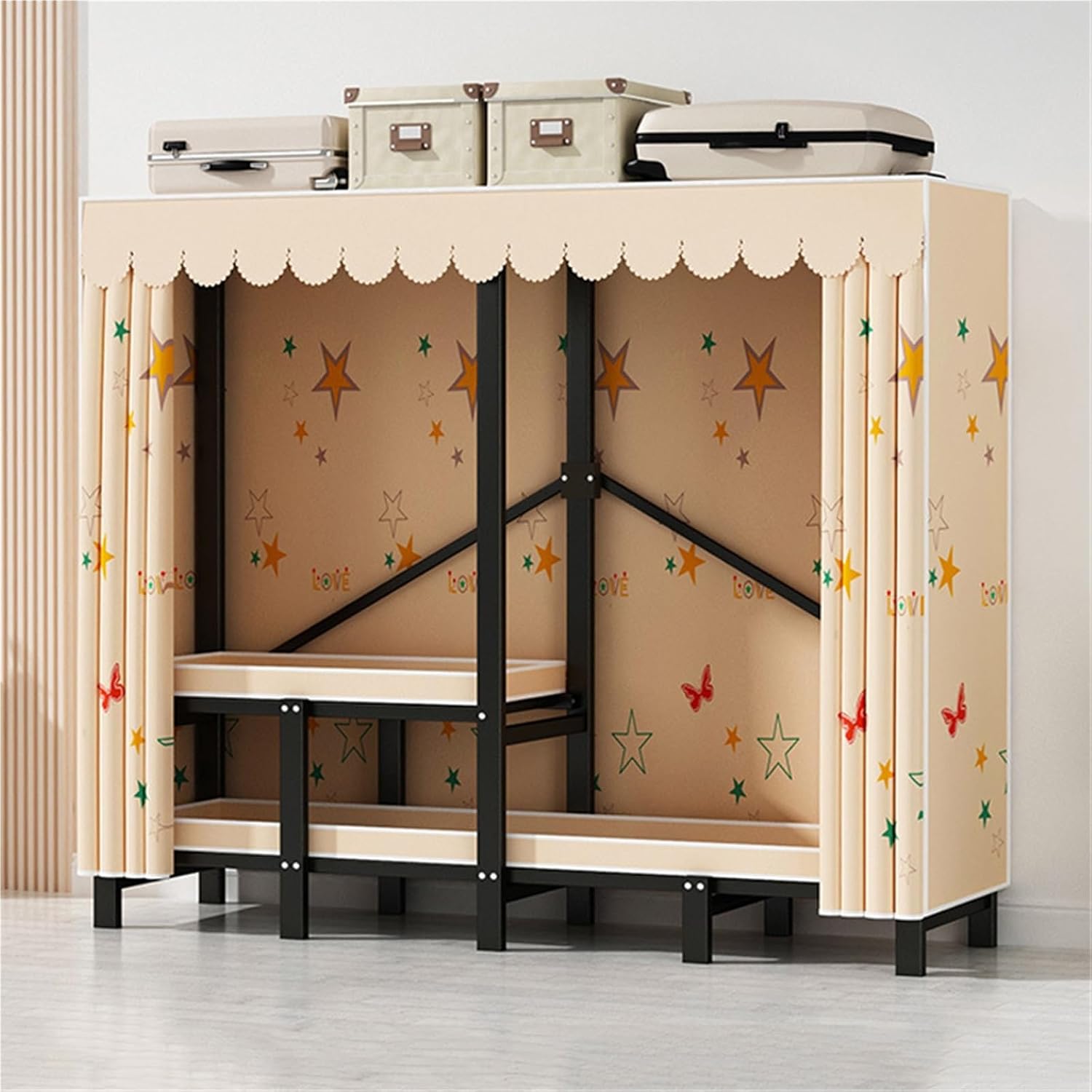 Heavy Duty Portable Wardrobe Closet,Foldable Clothes Hanger With Cover, Portable Metal Wardrobe Closets,Metal Clothing Rack Cotton Cover, Garment Rack With Hanging Rods(168cm)