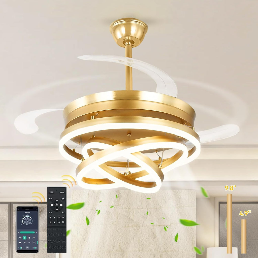 42 Inch Retractable Ceiling Fan with Lights, Gold Fandelier Chandelier Fan with Remote, 6-Speed Silent DC Motor, 3000K-6500K Dimmable LED Light, Modern Ceiling Fan for Bedroom Living Room Dining Room
