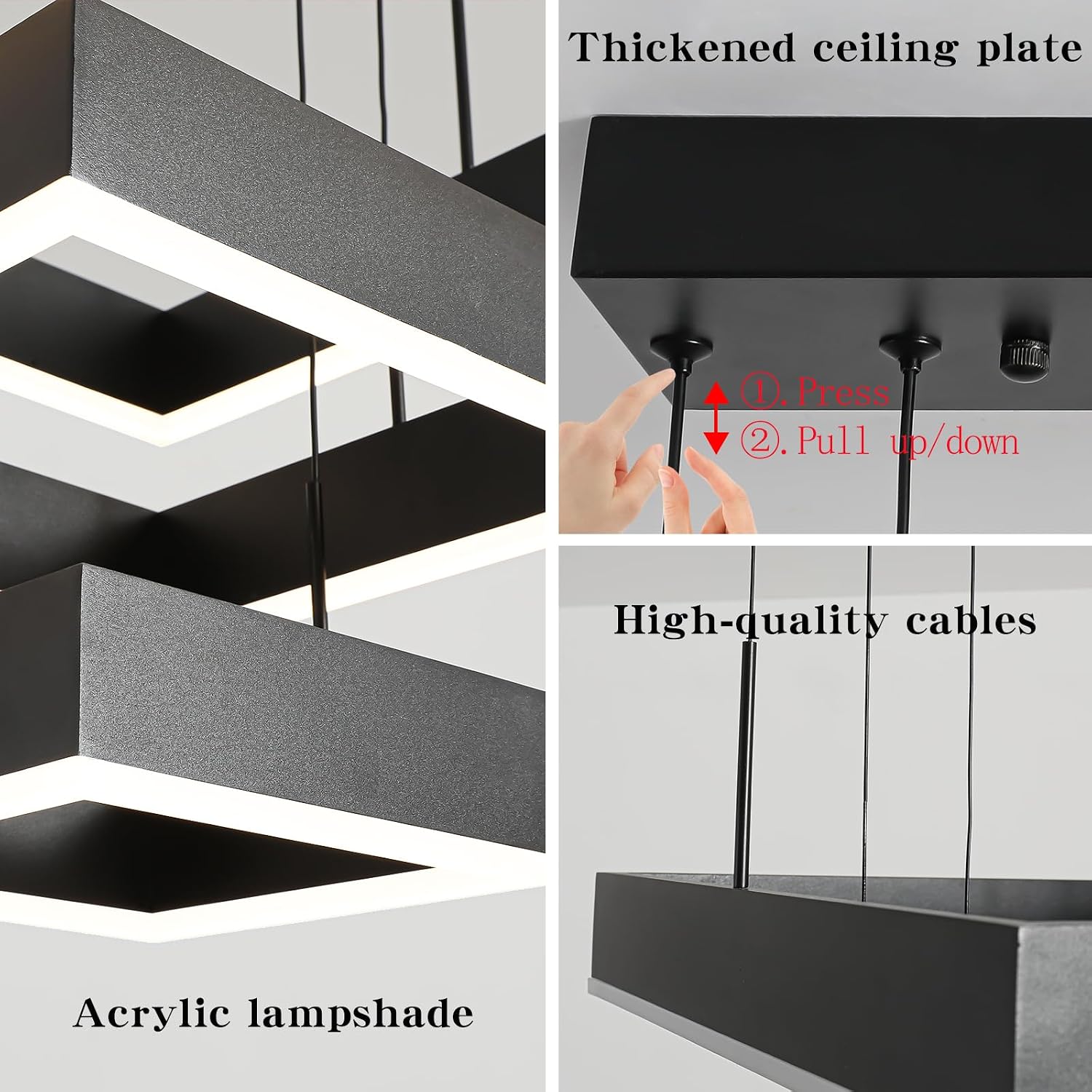 O'NEELDY Modern Chandelier 58W LED Black Pendant Light Embedded Mount Square Rings LED Chandeliers Dining Room Light Fixtures for Kitchen Bedroom, 6000K