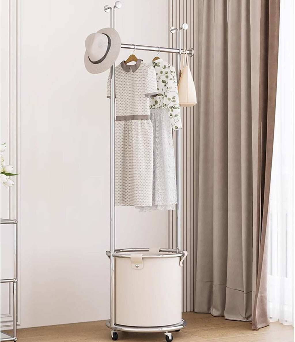 Heavy duty Garment rack Silver Stainless Steel Clothing Rack With PU Storage Box And Hooks, Freestanding Clothes Organizer On Wheels, Multi-Functional Coat Rack For Bedroom (Silver + Milky White )