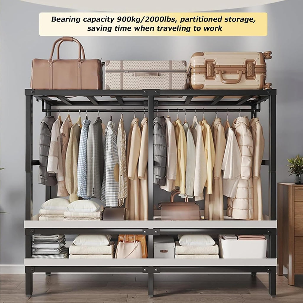 Heavy Duty Rolling Garment Rack with Cover - Foldable Clothing Rack for Hanging Clothes, Portable Freestanding Wardrobe Closet and Metal Armoires