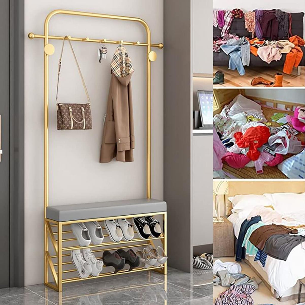 Freestanding Garment Rack with 8 Hooks Coat Rack with Shoe Shelf and Bench Hall Tree Hat Handbag Hanger for Narrow Hallway and Bedroom/Goldc/60 * 20 * 178Cm