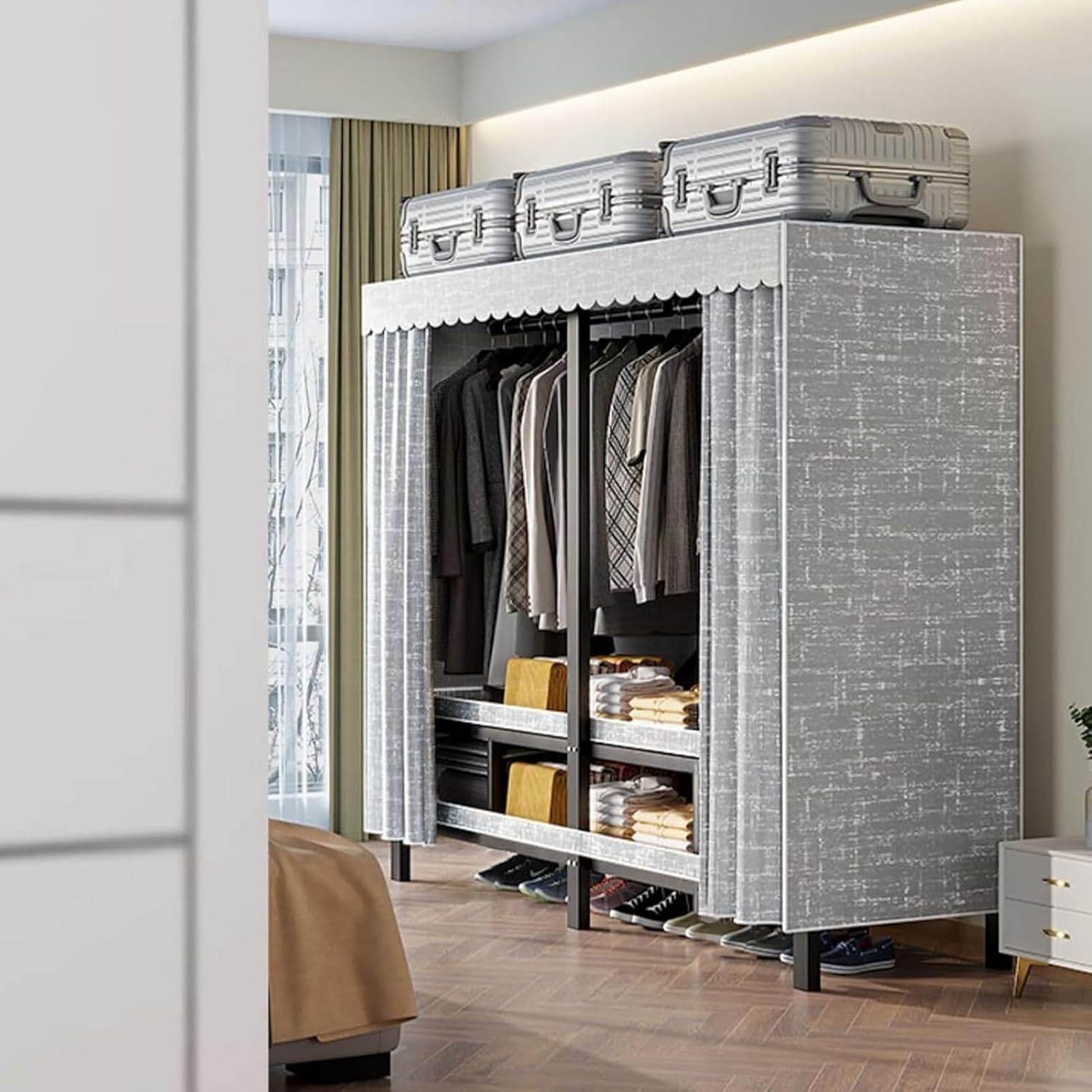 Heavy Duty Rolling Garment Rack With Cover, Width 20.47in，max 2000lbs, Foldable Clothing Rack For Hanging Clothes, Portable Freestanding Closets Wardrobe , Metal Armoires,multiple Sizes(Size:59in)