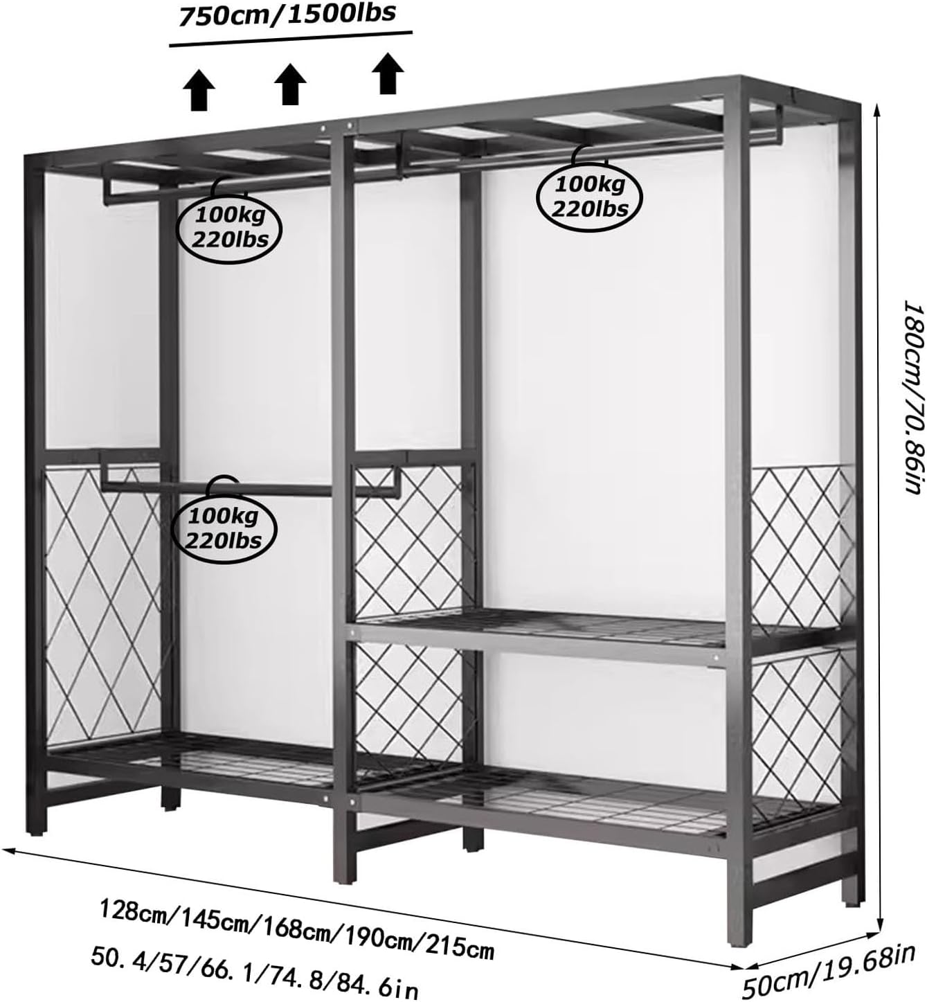Foldable Installation Free Wardrobe - Load 1500 Lbs Portable Wardrobe Clothing Organizer, Heavy Duty Clothes Freestanding Sturdy Garment Rack, With Hanging Rods, Shelves, Dustproof Cover(Color:B,Size: