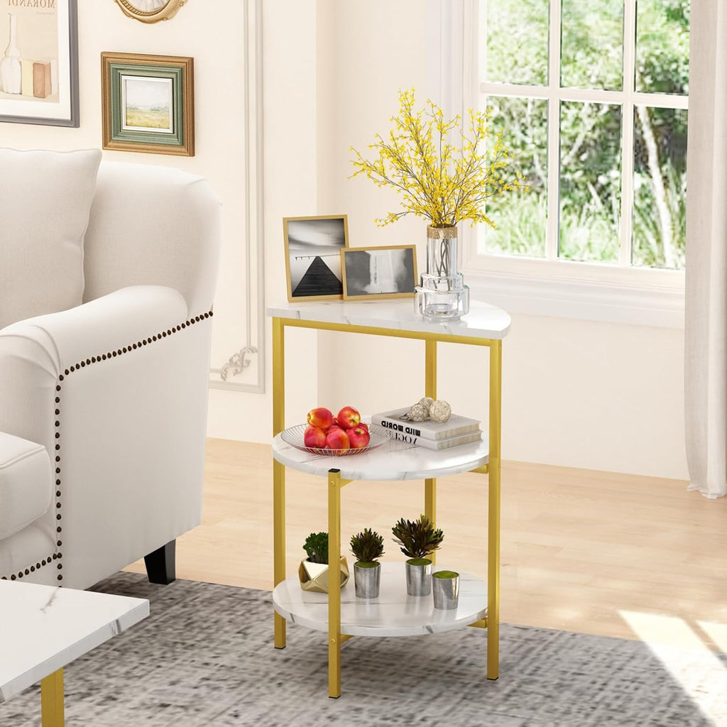 AWQM Faux Marble Table Set, Coffee Table & 2 Side Table, Faux Marble Tabletop and Metal Frame, 3 Piece Table Sets, for Living Room Apartment, White & Gold