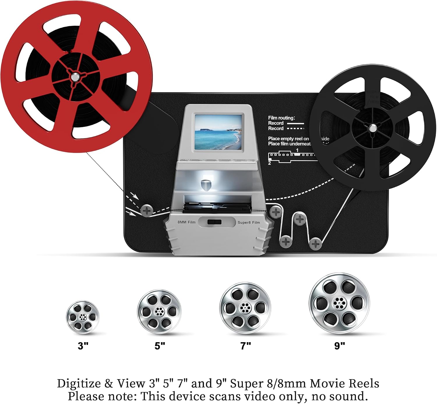 8mm & Super 8 Film to Digital Converter, Super 8 Scanner with 2.4' LCD | Supports 3', 5', 7' and 9' reels, Converts Film to MP4, Includes 32GB SD card, Frame-by-frame scanning, No Computer Required