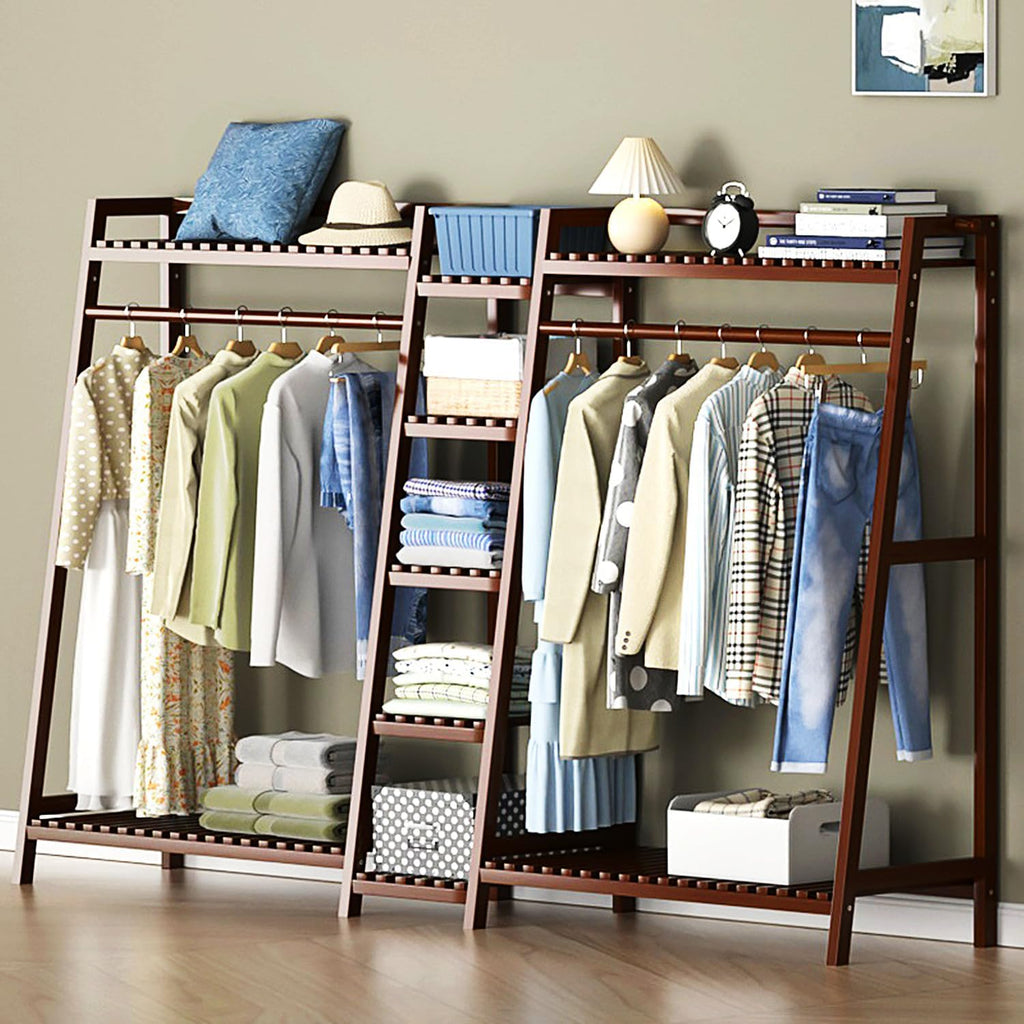Large Bamboo Clothes Rack with Shelves & Rods, Closet System Clothing Rack Freestanding Garment Racks for Hanging Clothes, Open Wardrobe Organizer,Brown,130cm