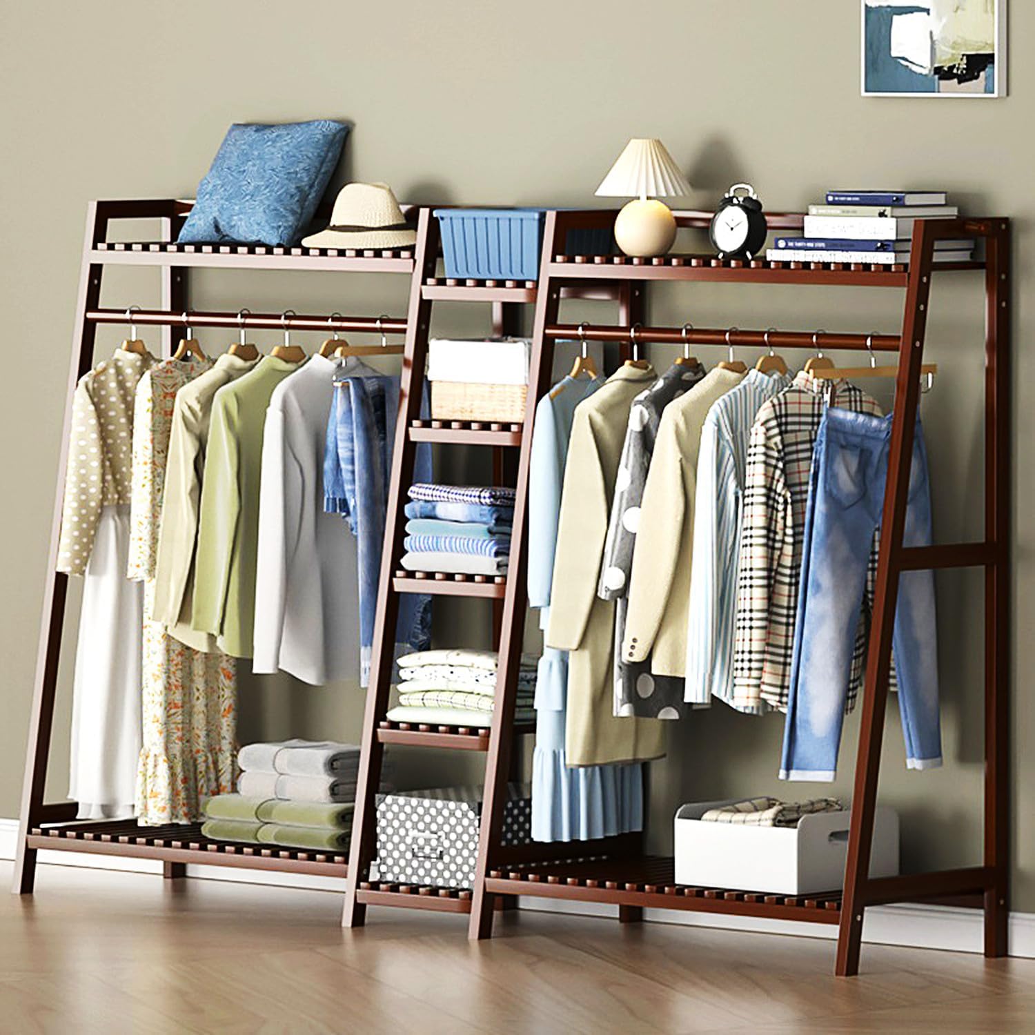 Large Bamboo Clothes Rack with Shelves & Rods, Closet System Clothing Rack Freestanding Garment Racks for Hanging Clothes, Open Wardrobe Organizer,Brown,130cm