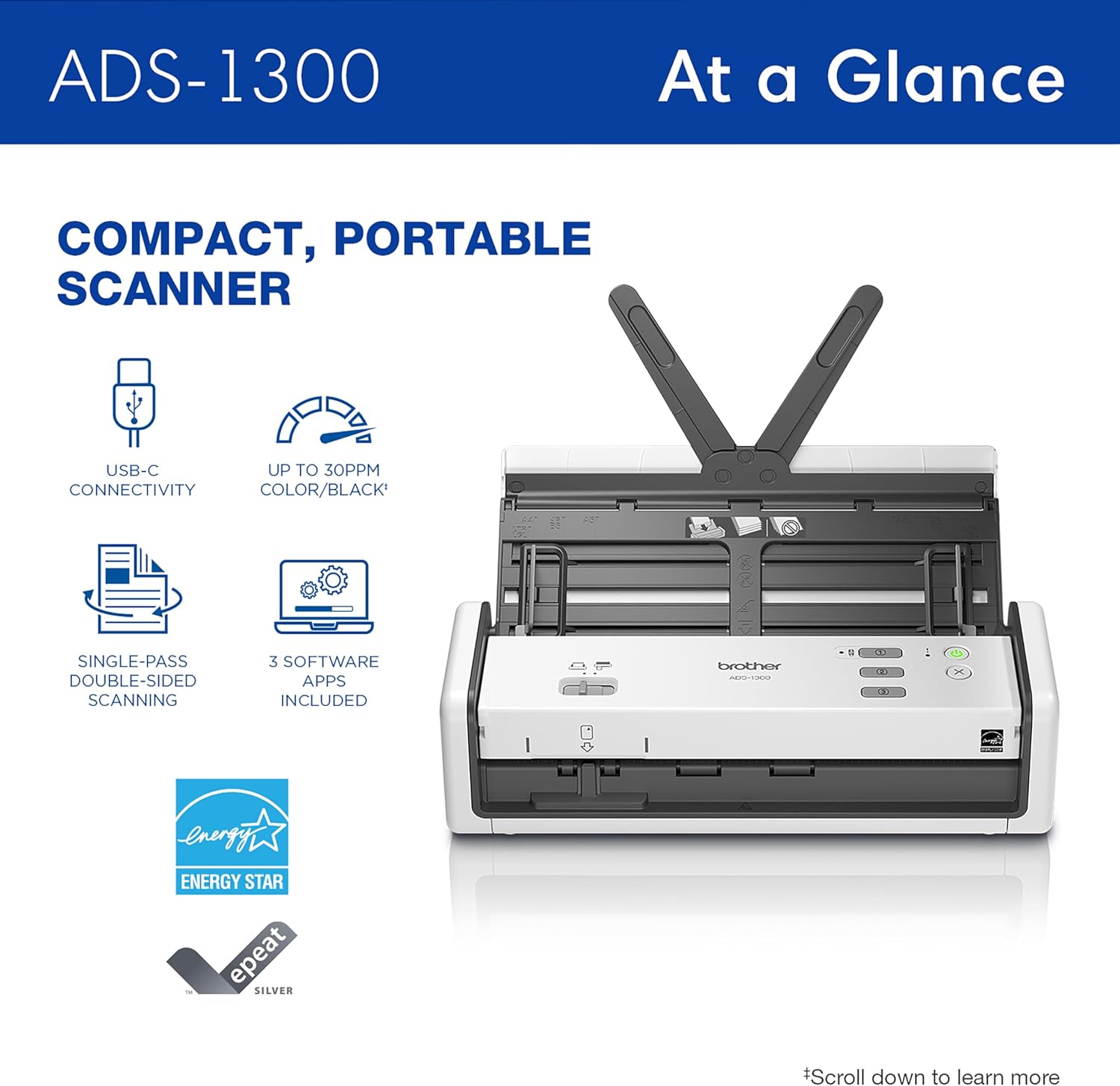 Brother ADS-1300 Compact Desktop Scanner | Scan Speeds of Up to 30ppm | Single Pass Double-Sided Scanning (Renewed Premium)