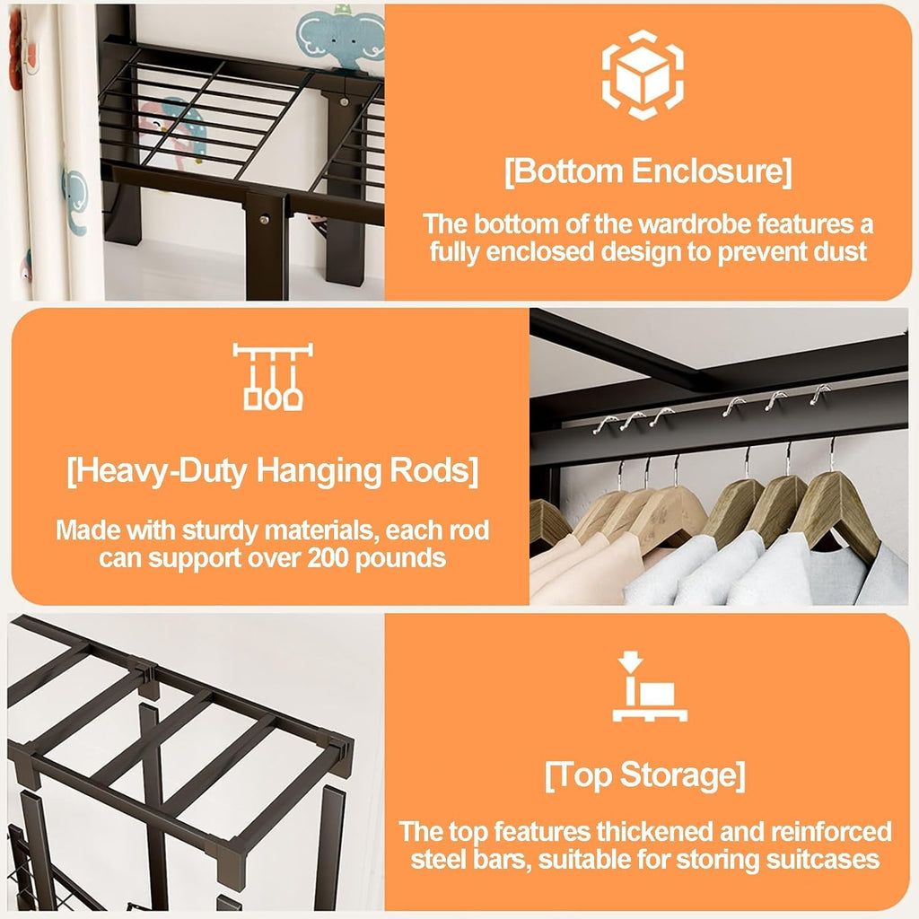 Foldable Closet With Cover,Heavy Duty Clothes Rack,Portable Wardrobe Closet For Hanging Clothing,Black Metal Garment Rack, Freestanding Covered Armoire Coat Storage(Brown,120x48x172cm)