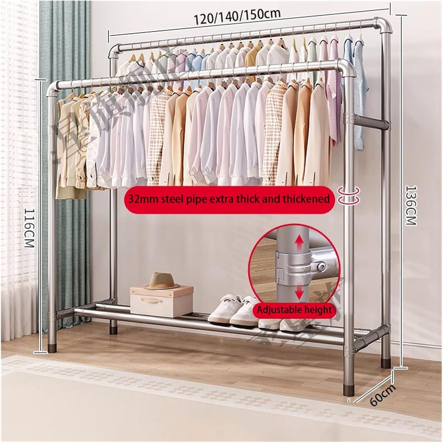 Heavy Duty Clothes Garment Rack, Freestanding Double Rod Clothing Hanger Stand with Storage Display Shelf for Hanging Clothes Boutique Store(Black,120x136cm)