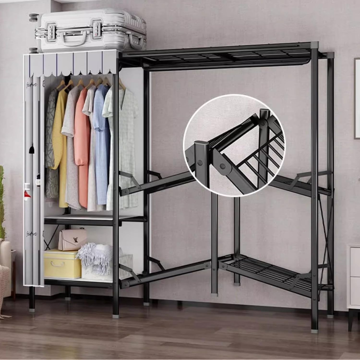 Foldable Closet Storage Shelves with Cover, Portable Heavy-Duty Wardrobe Rack for Clothing & Coats, Freestanding Organizer for Bedroom - 125cm/49in