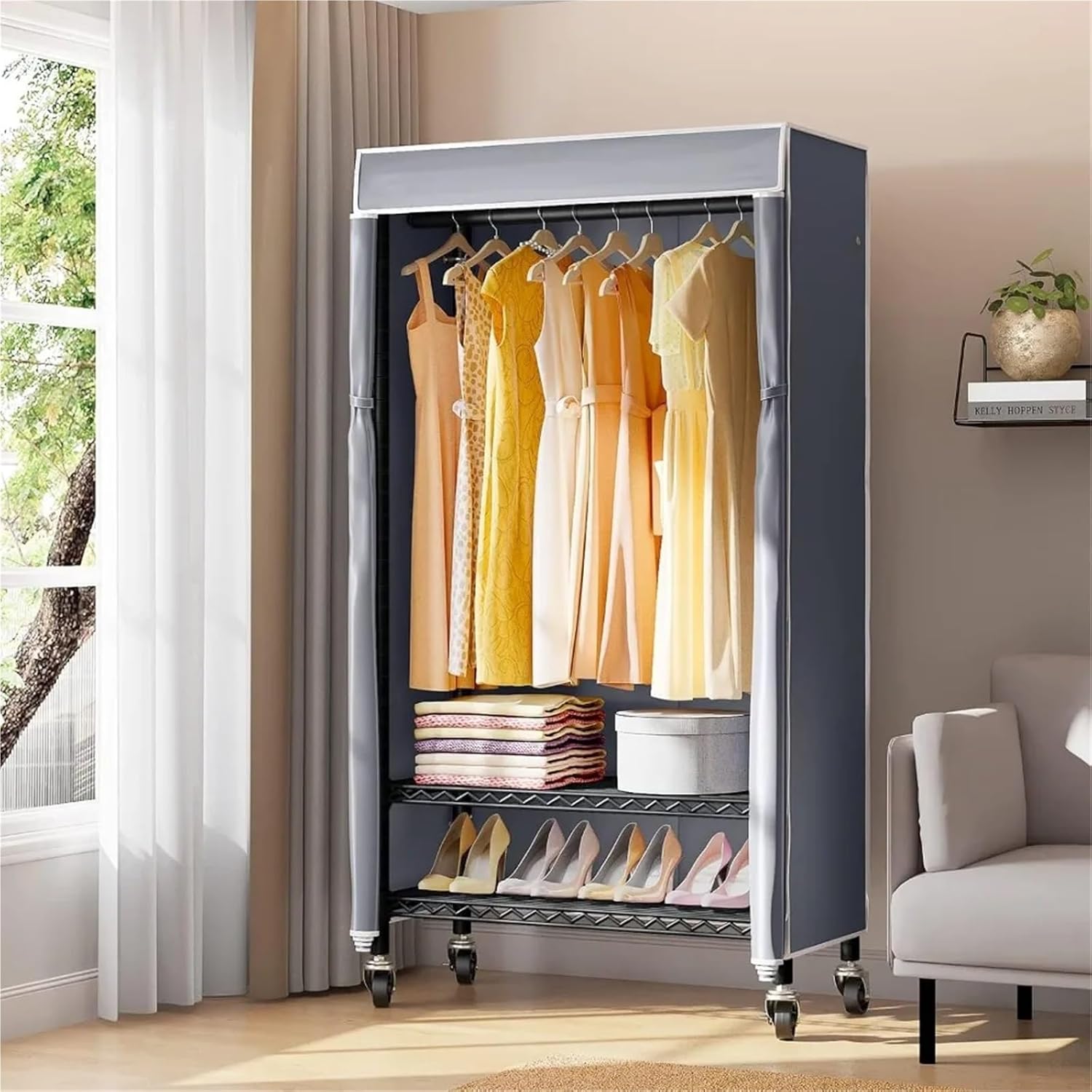 Wardrobe Closet Rolling Clothes Rack with Cover Portable Closet for Hanging, Heavy Duty Garment Freestanding(Color 3)