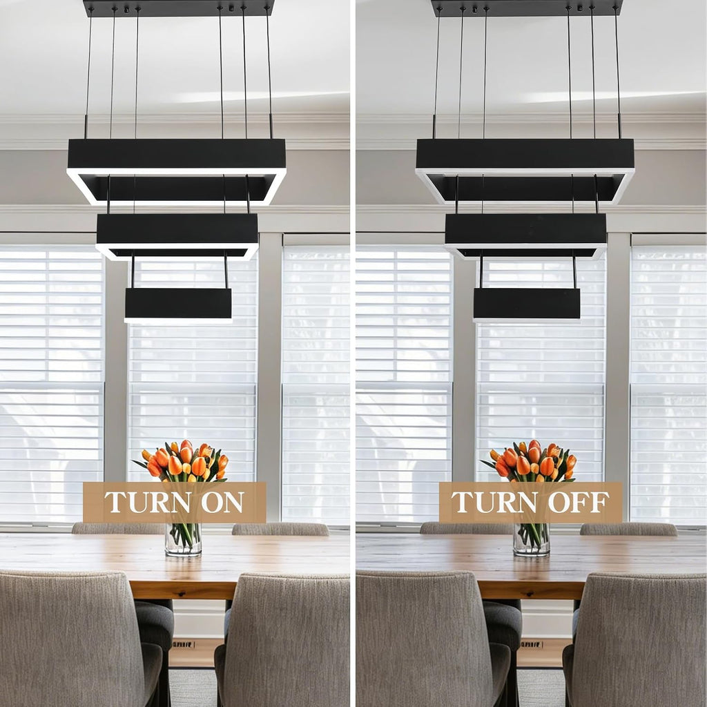 O'NEELDY Modern Chandelier 58W LED Black Pendant Light Embedded Mount Square Rings LED Chandeliers Dining Room Light Fixtures for Kitchen Bedroom, 6000K