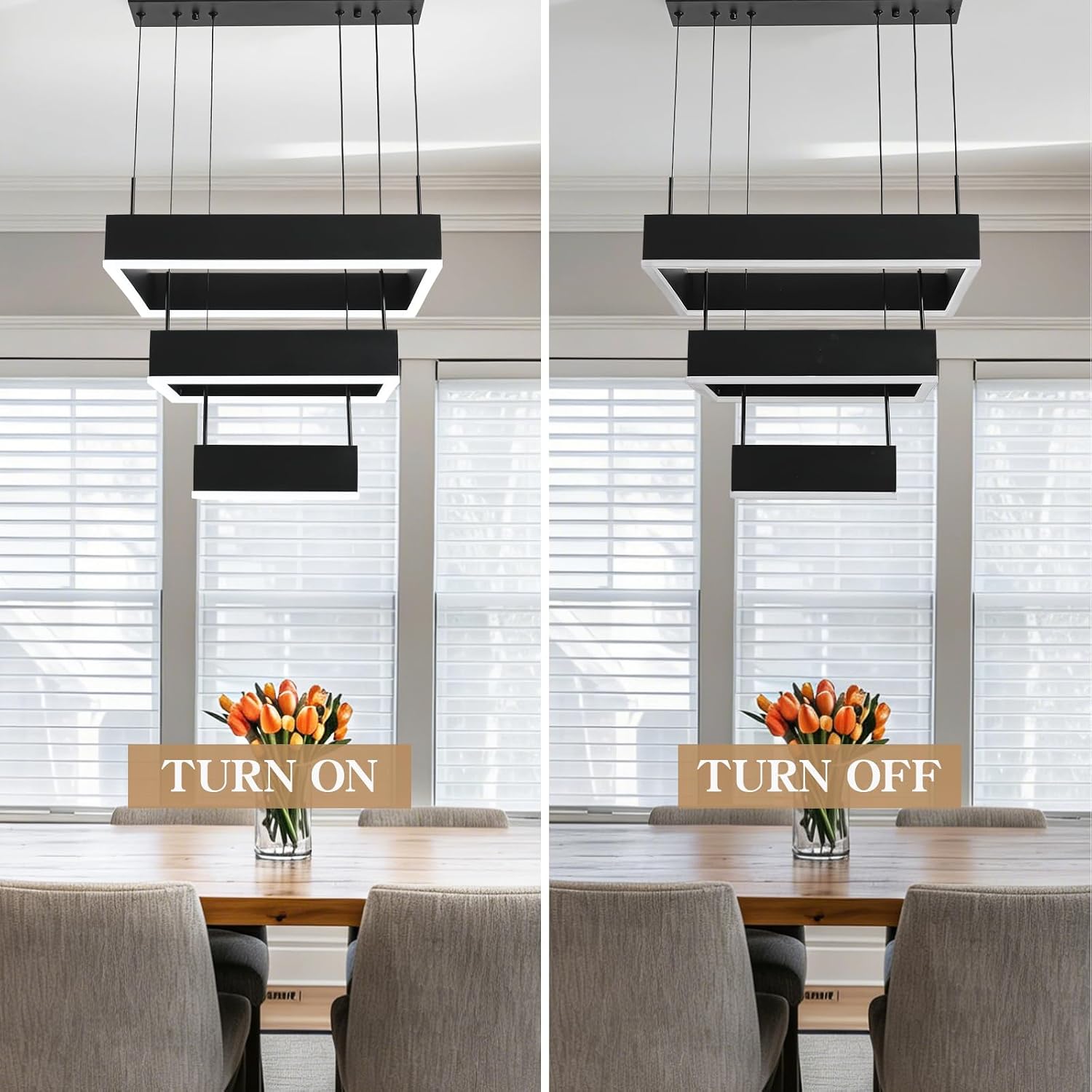 O'NEELDY Modern Chandelier 58W LED Black Pendant Light Embedded Mount Square Rings LED Chandeliers Dining Room Light Fixtures for Kitchen Bedroom, 6000K