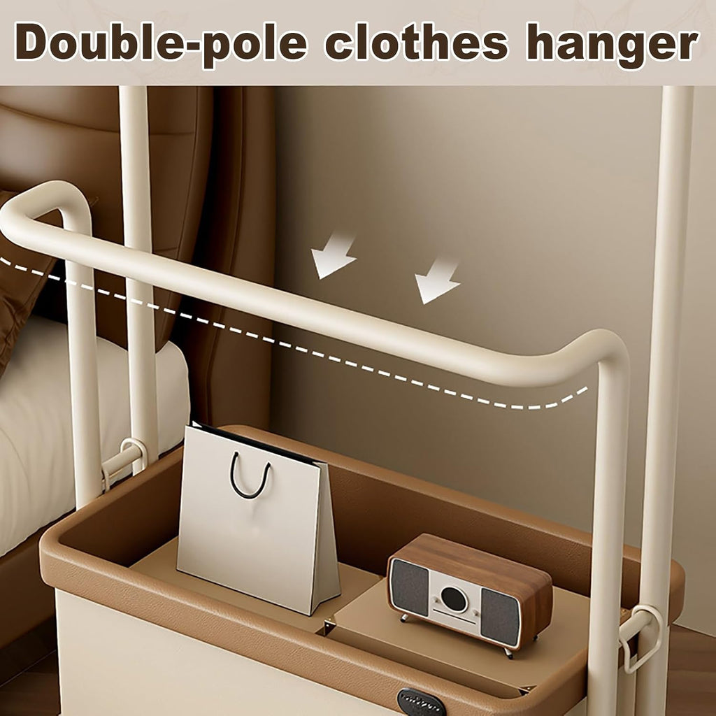Double Rods Garment Rack With Wheels, Clothing Rack For Hanging Clothes With Storage Box, Metal Freestanding Cloths Racks For Shirts Coats Shoes Bags(60cm/23.6in)