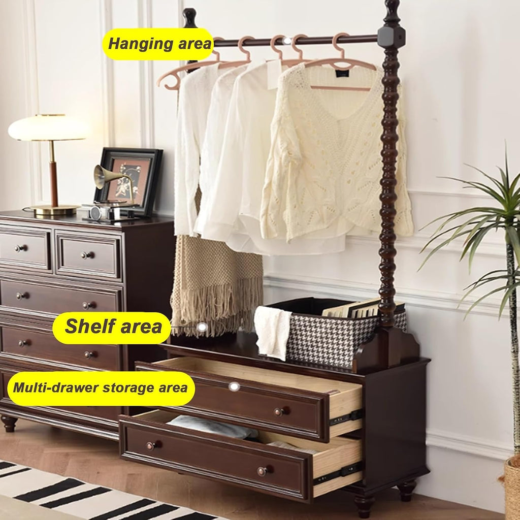 Chinese Clothes Rack, Solid Wood Clothing Rack with 2-Tier Bedside Table, Freestanding Garment Rack, Large Capacity Coat Rack for Hanging Clothes, Coats, Shirts