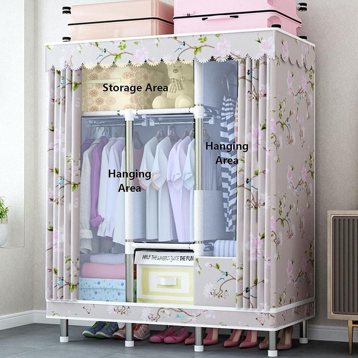 Covered Garment Rack Metal Clothes Rack with Cover Freestanding Wardrobe Closet for Bedroom Clothing Rack with 3 Hanging Rod and Shelves (Color : Flower, Size : 125x45x172cm)