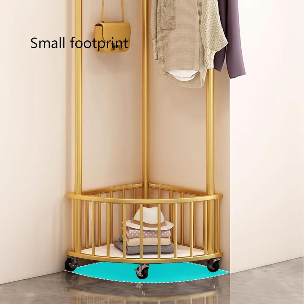 Standing Clothe Rack Corner Clothing Rack Free Standing Garment Hanging Rails Coat Rack Stand with Storage Basket/Wheel Portable Clothes Rack, for Dresses, Coats, Shirts (Color : Gold)