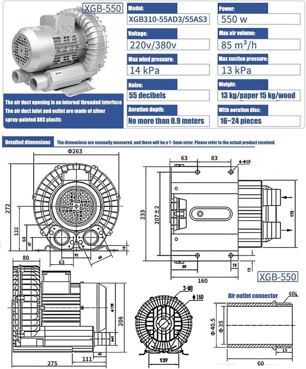 High-Pressure Vortex Ring Blower 480V Three-phase Regenerative Blower for Industrial Construction Textile & Fish Pond Aeration(550w/380v)