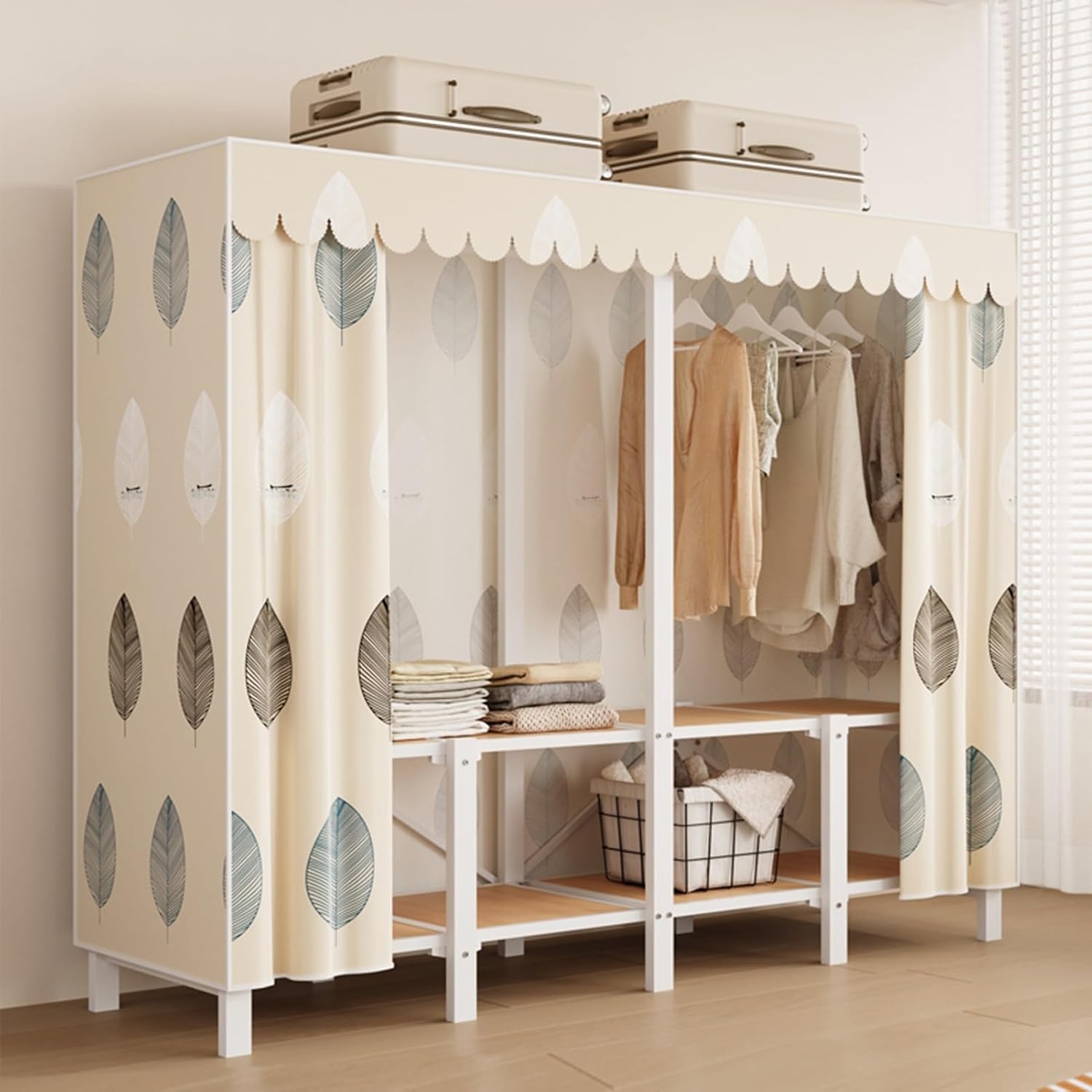 Portable Closet Wardrobe,Freestanding Coat Storage Garment Racks,Spacious Steel Tube Clothes Storage Organizer,for Bedroom Free Standing Clothes Rack with Cover(Color 2,126 X 50 X 172cm)