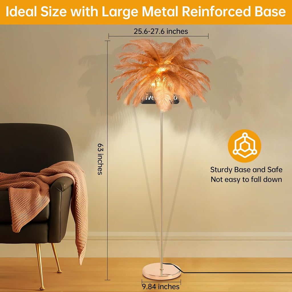 Feather Floor Lamp for Living Room, Fluffy Ostrich Feathers Lamp, Rose Gold Color Body, 3 Color Temperatures Modern Funky Arc Tall Standing Lamp for Bedroom Inclued Bright LED Bulbs (Brown)