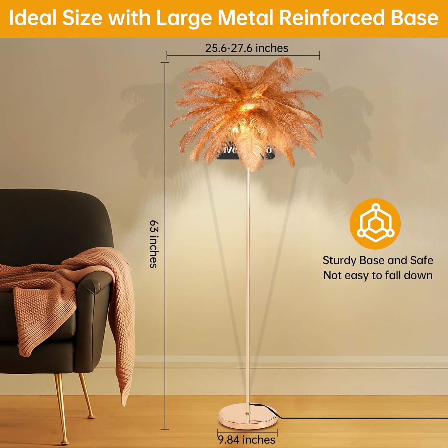 Feather Floor Lamp for Living Room, Fluffy Ostrich Feathers Lamp, Rose Gold Color Body, 3 Color Temperatures Modern Funky Arc Tall Standing Lamp for Bedroom Inclued Bright LED Bulbs (Brown)