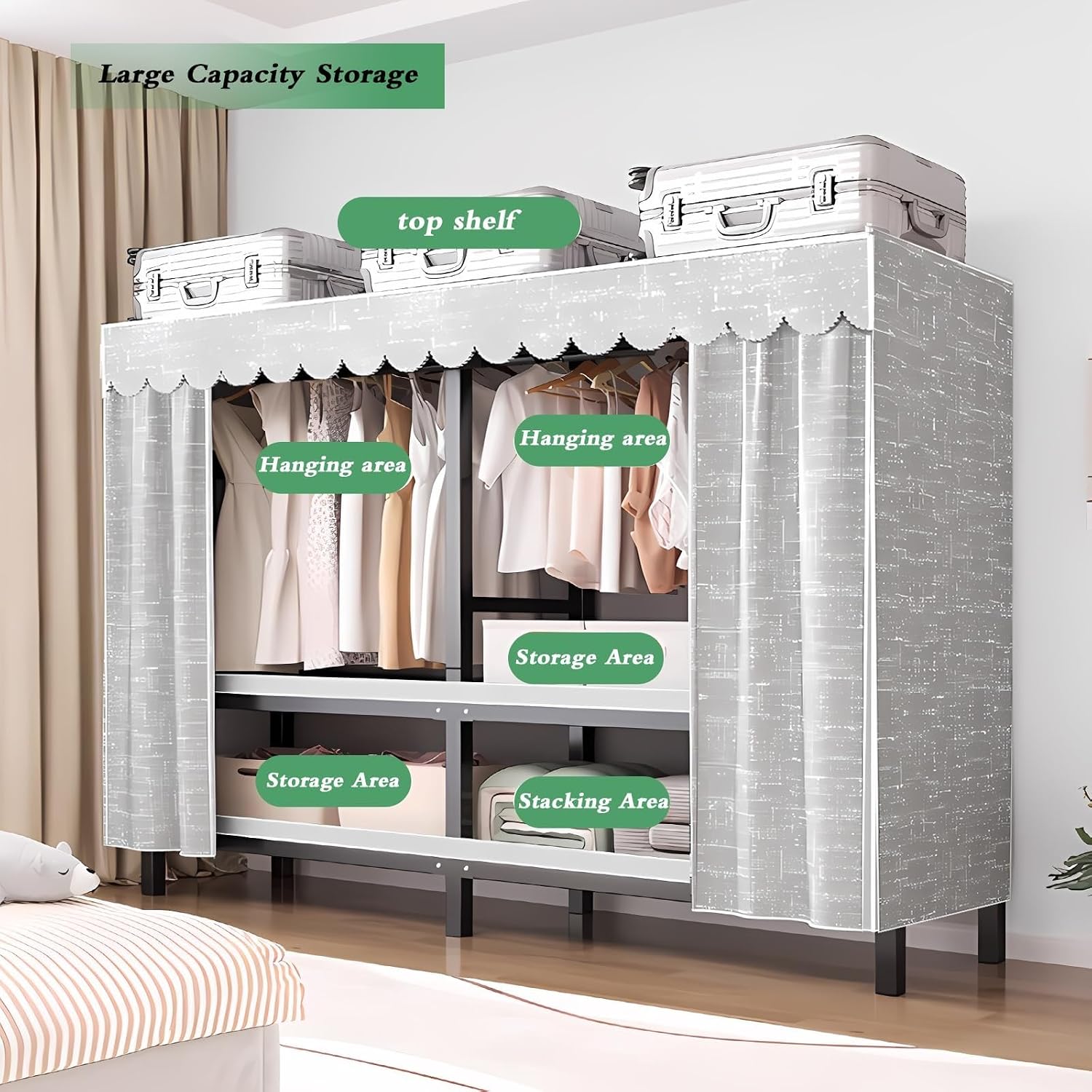 Large Wardrobe Clothes Organizer, Heavy-Duty Portable Clothe Rack With Cover Foldable Metal Garment Rack On Wheels Freestanding Rolling Clothing Coat Storage Rack 20.4in Width Load 2000lbs(150cm/59.1i