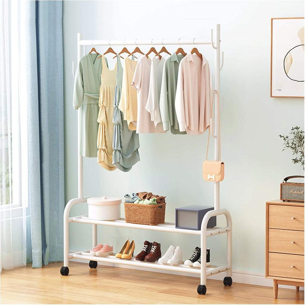Garment Rail Shoe Bench Coat Stand Rack Hanger Clothes Rack With Shelves, Free-Standing Garment Rack With Wheels, Upgrade Stable Double Deck Clothes H