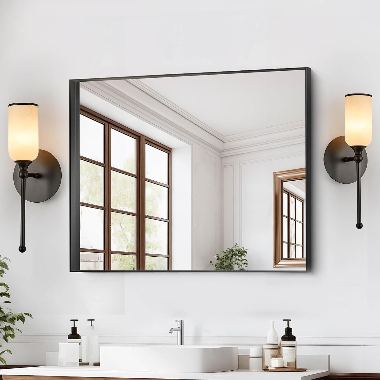 vntage Alabaster Wall Sconce, 15.4inch Natural Marble Lampshade Wall Sconce, Hardwired Sconce LED Modern Wall Lamp for Bedroom, Stairs, Living Room, Bedside, Hallway Black