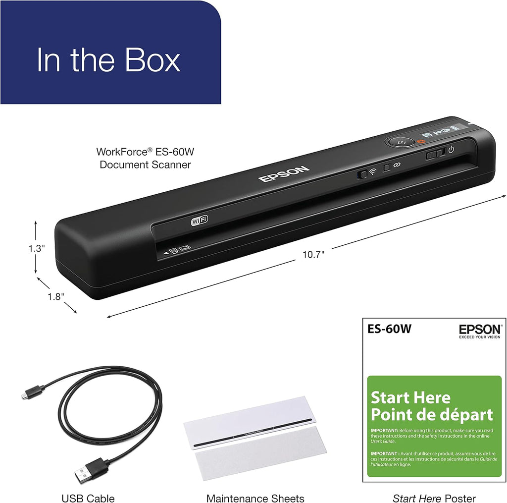 Epson Workforce ES-60W Wireless Portable Sheet-fed Document Scanner for PC and Mac 10.7' by 1.9' by 1.4'