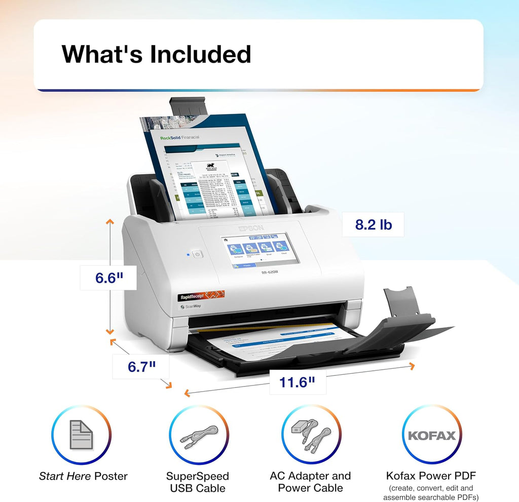 Epson RapidReceipt RR-620W Wireless & USB High-Speed AI & Cloud Ready Desktop Color Duplex Receipt & Document Scanner for Mac & PC, up to 45 ppm, 4.3' Color Touchscreen, 100-Page Auto Document Feeder