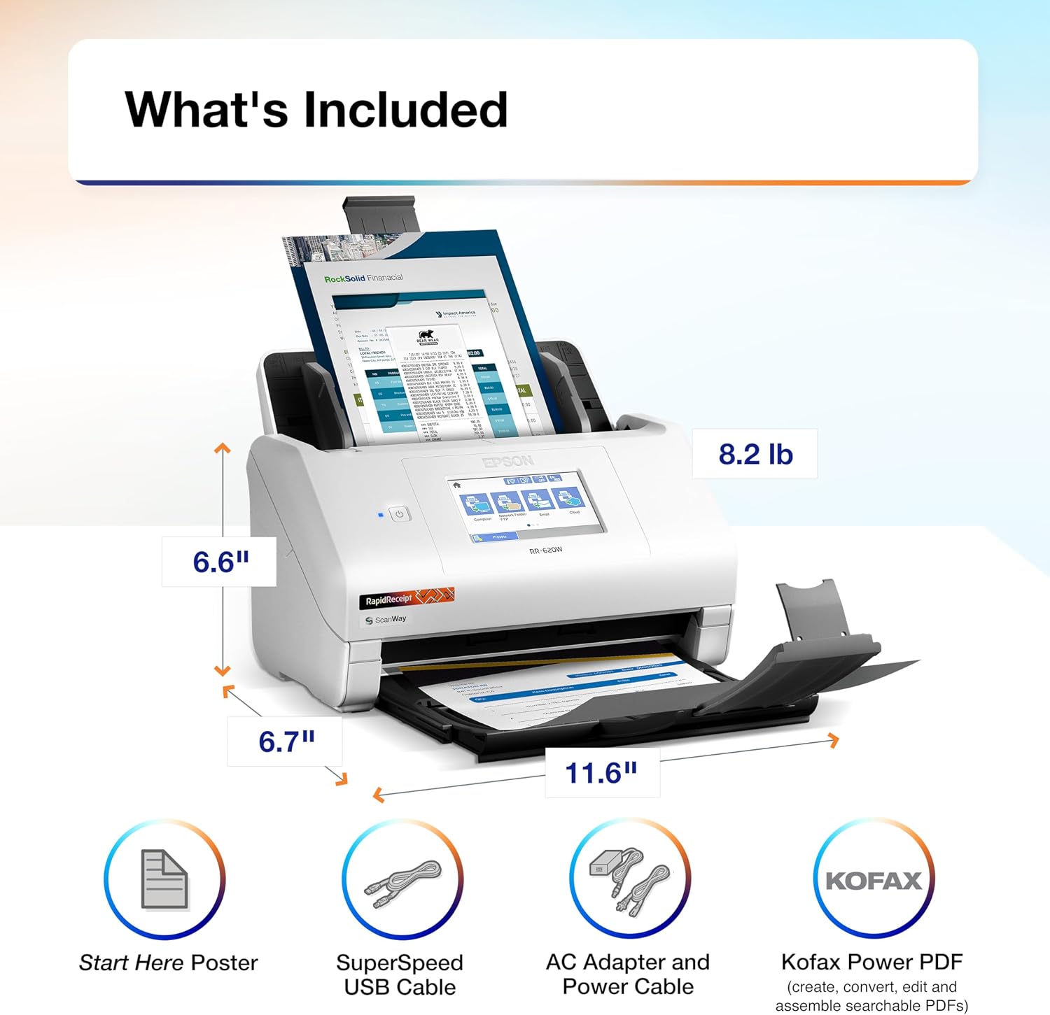 Epson RapidReceipt RR-620W Wireless & USB High-Speed AI & Cloud Ready Desktop Color Duplex Receipt & Document Scanner for Mac & PC, up to 45 ppm, 4.3' Color Touchscreen, 100-Page Auto Document Feeder
