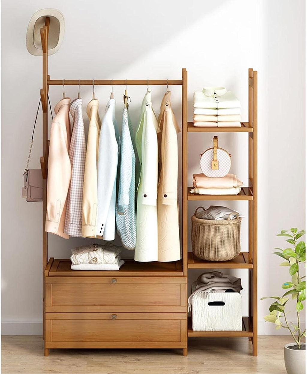 Bamboo Clothes Rack with 2 Storage Shelves and 6 Hooks Portable Extra Large Garment Rack for Bedroom and Living Room Freestanding Clothes Hanger Stand 50x37x146cm