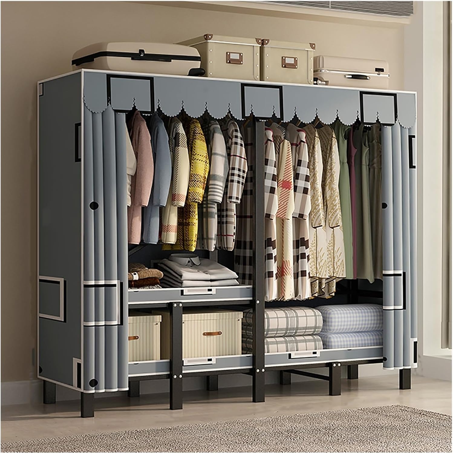 Portable Wardrobe Closet With Cover, Heavy Duty Clothes Rack With Cover, Freestanding Coat Storage Garment Racks, For Bedroom Hanging Clothes(A,241cm/94.9inch)