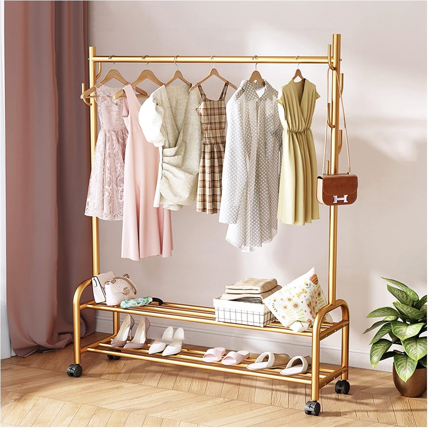 Clothes Rod Rack Shoe Bench Coat Stand Rack Hanger Clothes Rack With Shelves, Free-Standing Garment Rack With Wheels, Upgrade Stable Double Deck Clothes Hanging Rack, Storage Shelf Coat Rack