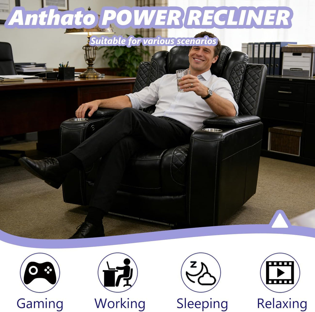 Power Theater Recliner Chair, Black Leather Reclining Sofa Couch Chair, Comfy Recliner with Arm Storage/Cup Holder/USB Port for Living Room Furniture, Bedroom, Office, Home Theater