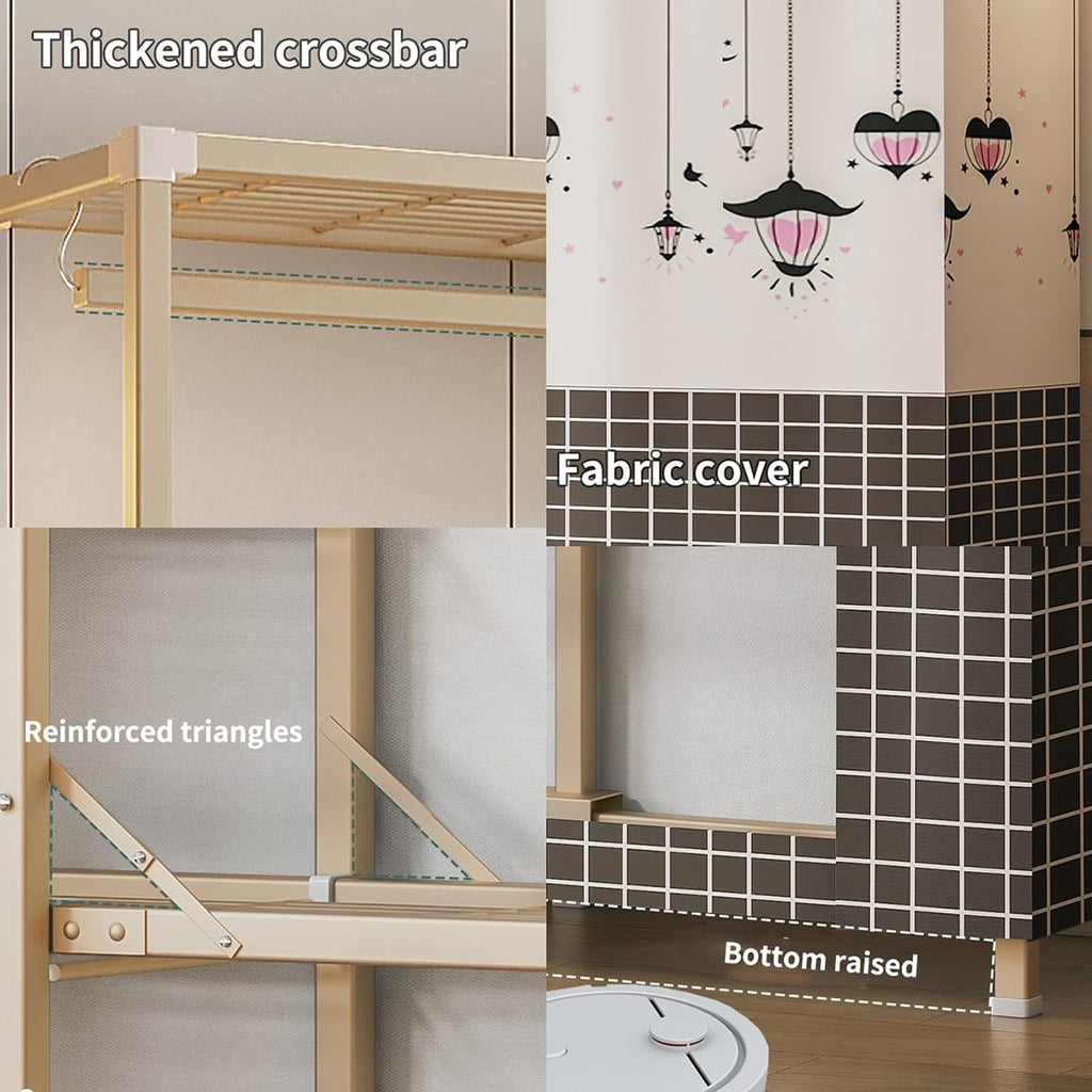 Portable Clothes Rack with Cover Freestanding Wardrobe Closet for Bedroom Metal Clothing Rack with Hanging Rod and 5 STO