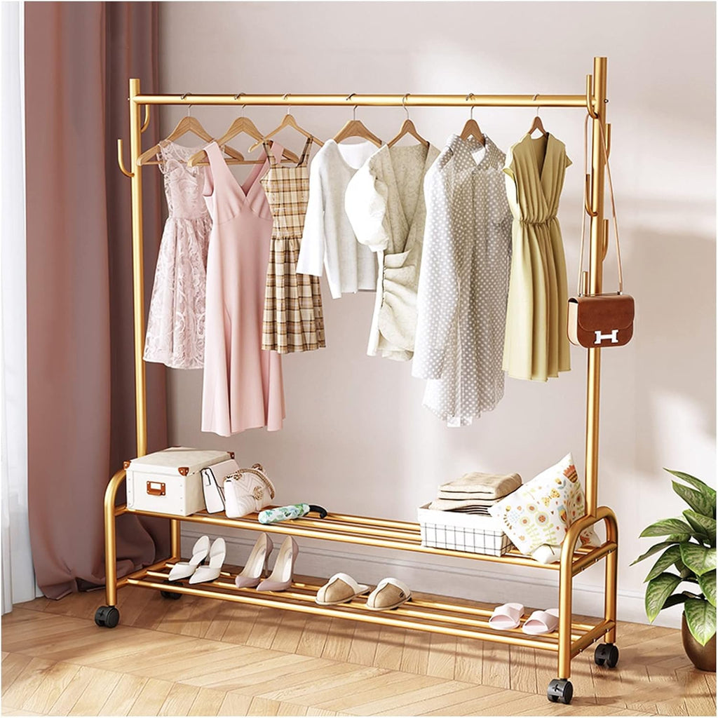 Generic Garment Rail Shoe Bench Coat Stand Rack Hanger Clothes Rack With Shelves, Free-Standing Garment Rack With Wheels, Upgrade Stable Double Deck Clothes H, 120*37*166cm, Gold
