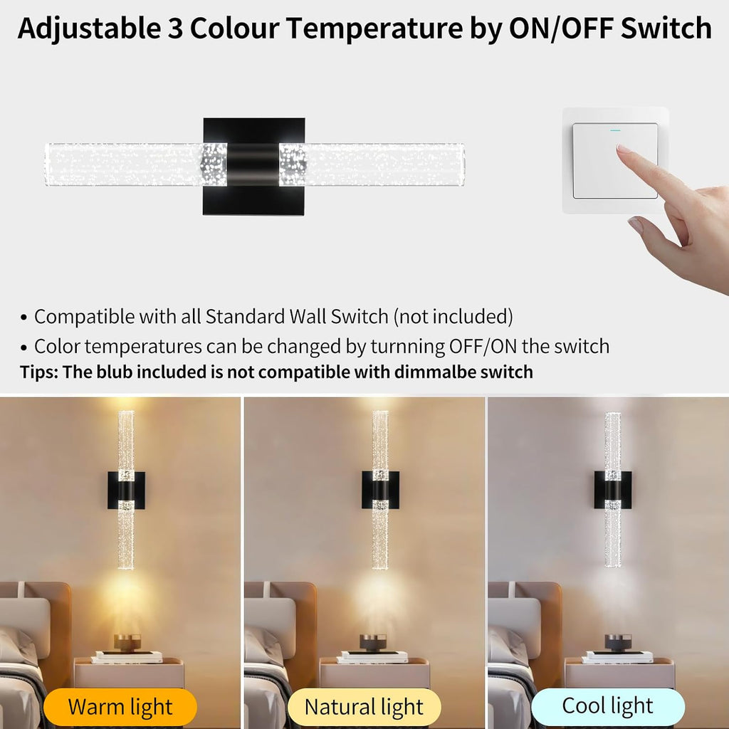 Black Modern LED Wall Sconces Set of Two 3000K-6000K Crystal Bathroom Sconce Lights 12W LED Vanity Light Bar Wall Lights for Bedroom Living Room, 18 Inch, 3 Color Temperature Adjust