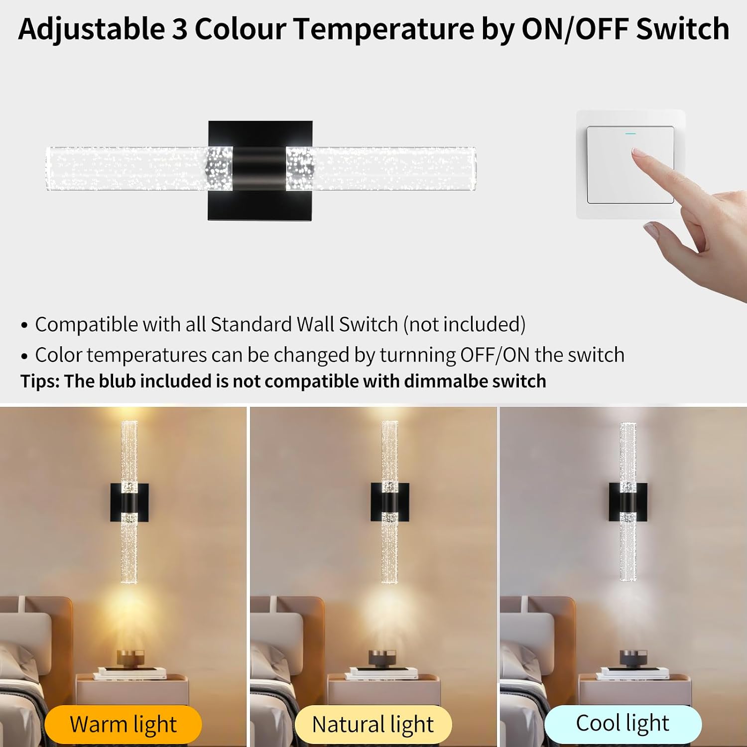 Black Modern LED Wall Sconces Set of Two 3000K-6000K Crystal Bathroom Sconce Lights 12W LED Vanity Light Bar Wall Lights for Bedroom Living Room, 18 Inch, 3 Color Temperature Adjust