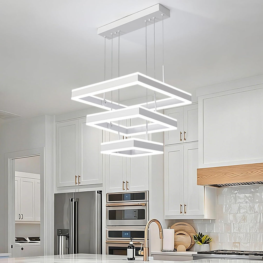 O'NEELDY Modern LED Chandeliers White Square Rings Pendant Light Fixture with Hanging Cord Flush Mount Square Modern Chandeliers for Kitchen Island Dining Room